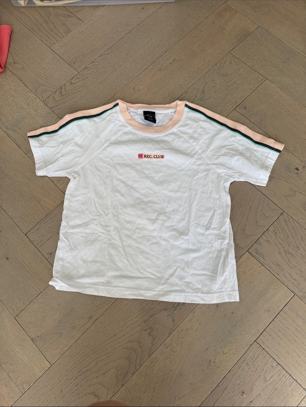 P.E Nation White Tee with Pink & Green Stripe Trim